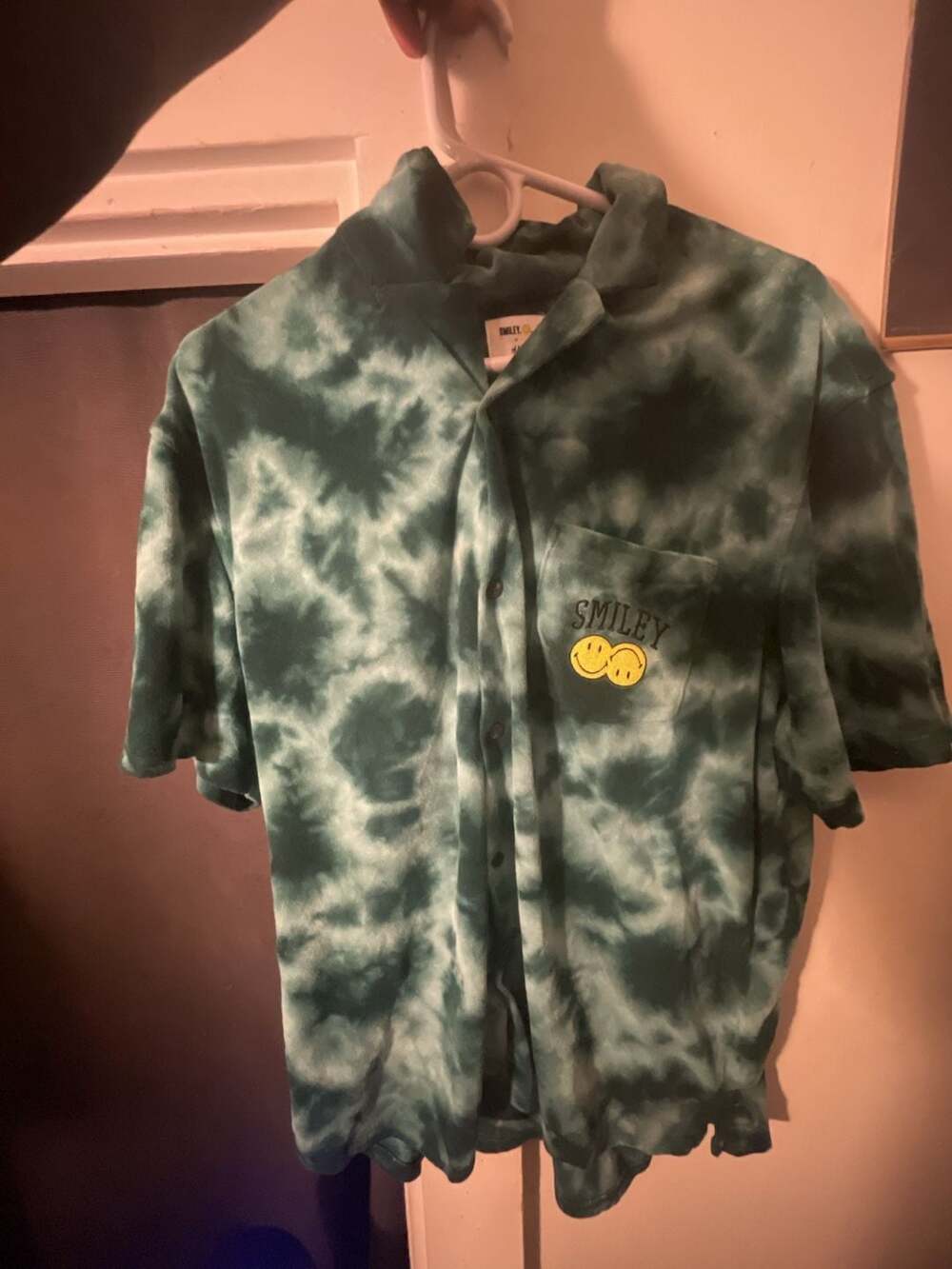 Smiley X H&M Button Up Mens Shirt Size M Green Tie Dye Short Sleeve Terry Beach